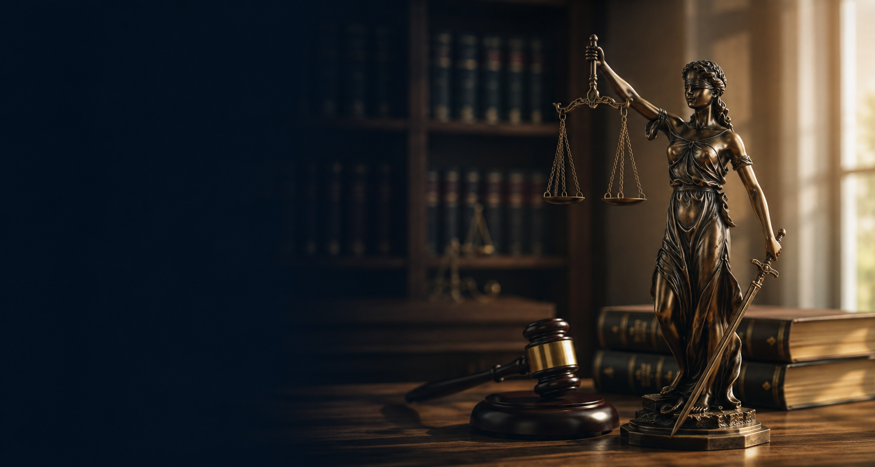 Estátua da Justiça sobre mesa com martelo e livros